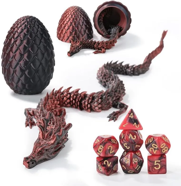 7 Pcs DND Dice Set and 3D Printed Dragon Egg,DND Dice Dungeons and Dragons Polyhedral Dice Starter Games Fidget Toys Set for RPG MTG Table Games,Black Red
