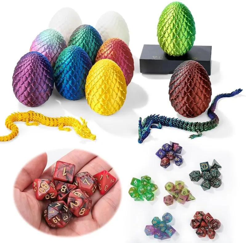 7 Pcs DND Dice Set and 3D Printed Dragon Egg,DND Dice Dungeons and Dragons Polyhedral Dice Starter Games Fidget Toys Set for RPG MTG Table Games,Black Red