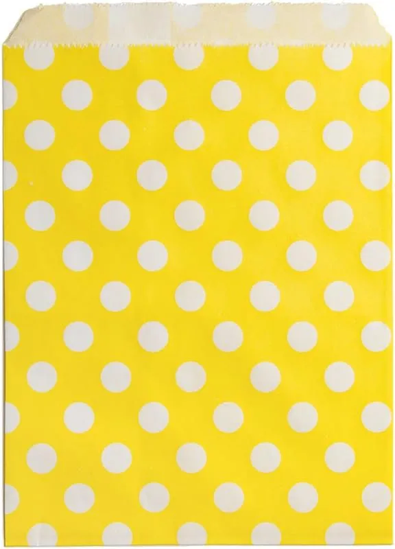 7 x 5 Inch Cookie Bags, 100 Biodegradable Paper Treat Bags - Use As Party Favors Or Candy Bags, Food Safe, Yellow With Polka Dots Paper Food Bags For Baked Goods, For Buffets Or Parties