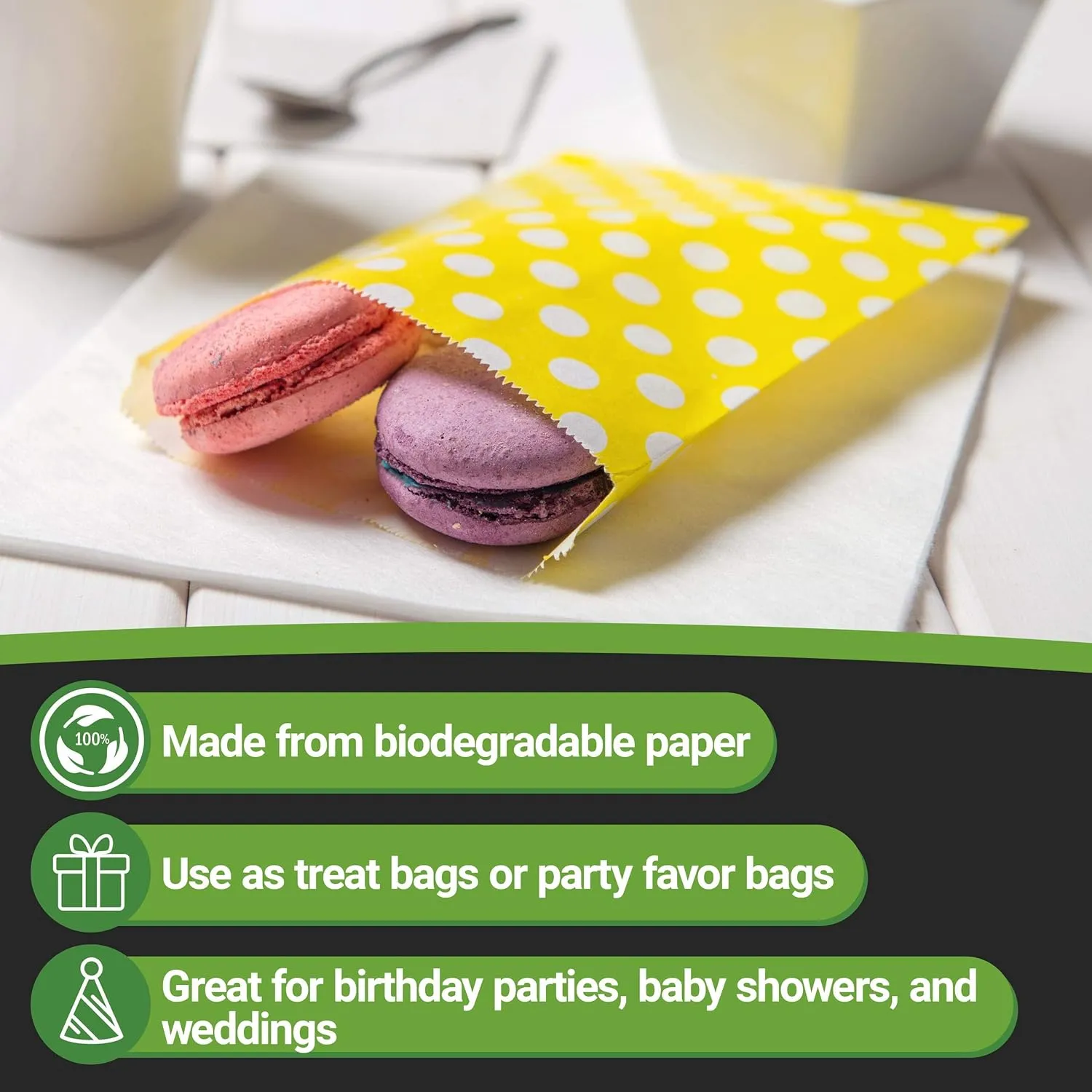 7 x 5 Inch Cookie Bags, 100 Biodegradable Paper Treat Bags - Use As Party Favors Or Candy Bags, Food Safe, Yellow With Polka Dots Paper Food Bags For Baked Goods, For Buffets Or Parties