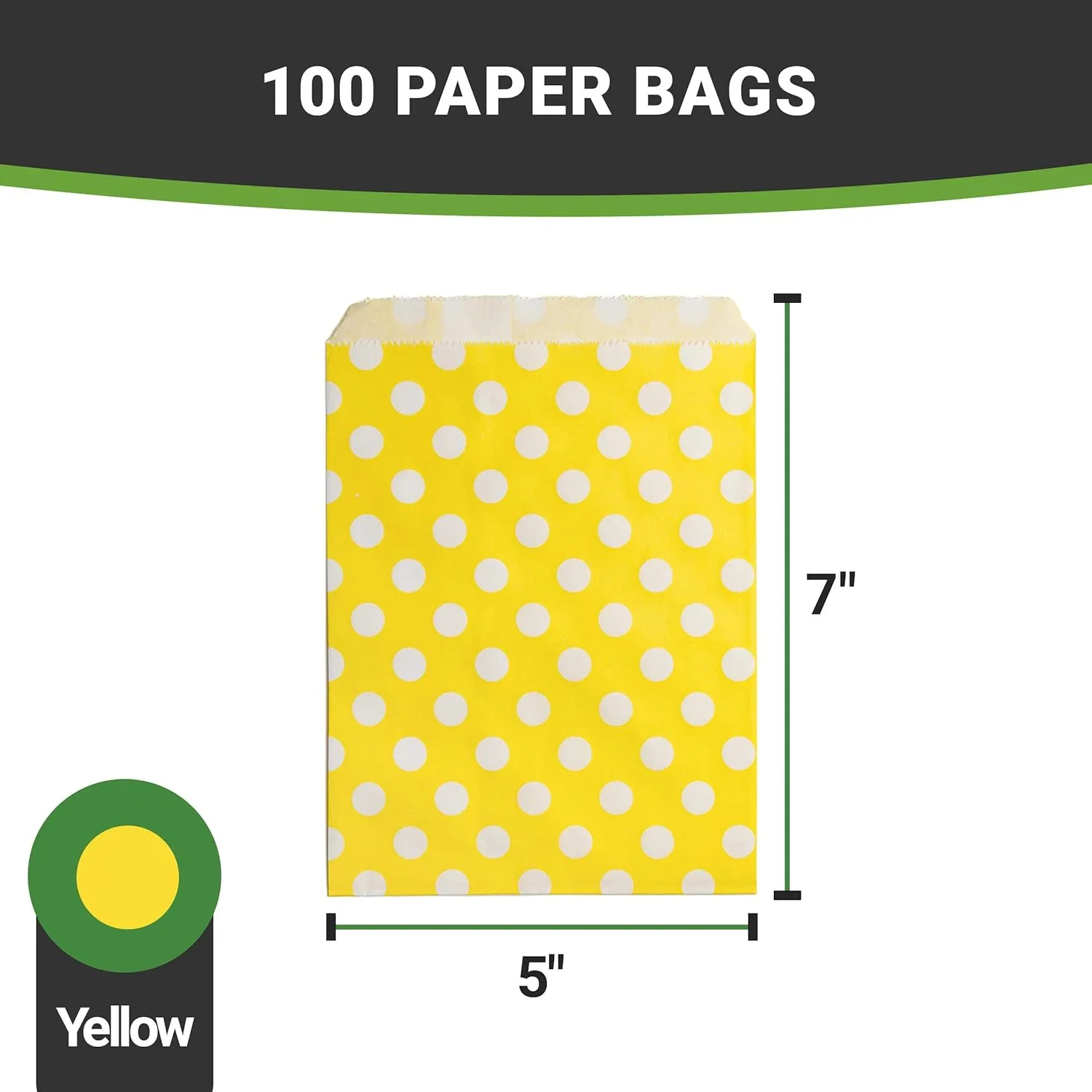 7 x 5 Inch Cookie Bags, 100 Biodegradable Paper Treat Bags - Use As Party Favors Or Candy Bags, Food Safe, Yellow With Polka Dots Paper Food Bags For Baked Goods, For Buffets Or Parties