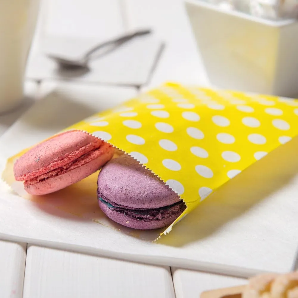 7 x 5 Inch Cookie Bags, 100 Biodegradable Paper Treat Bags - Use As Party Favors Or Candy Bags, Food Safe, Yellow With Polka Dots Paper Food Bags For Baked Goods, For Buffets Or Parties