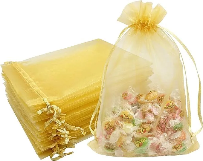 9x12 cms | 3x4.5 inch | Golden Colour | Organza Bags/Shagun Potli/Jewellery Packing/Dry Fruit Pouch Akshada Pouches Return Favour Organza Pouches