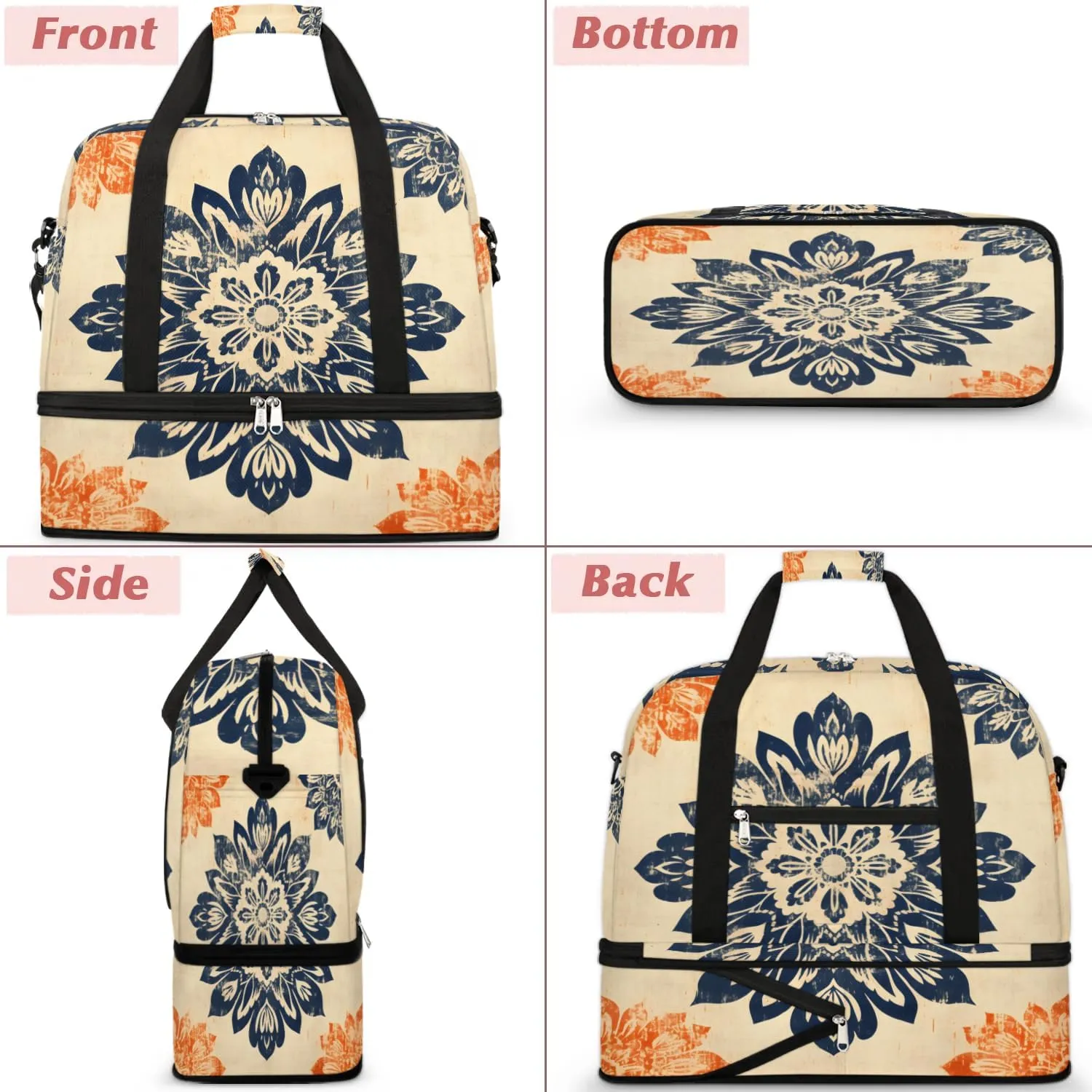 Abstract Flora Prints Boho Travel Duffle Bag, Collapsible Travel Bag Sports Gym Bag With Shoes Compartment Weekender Bag Overnight Bag For Women Men