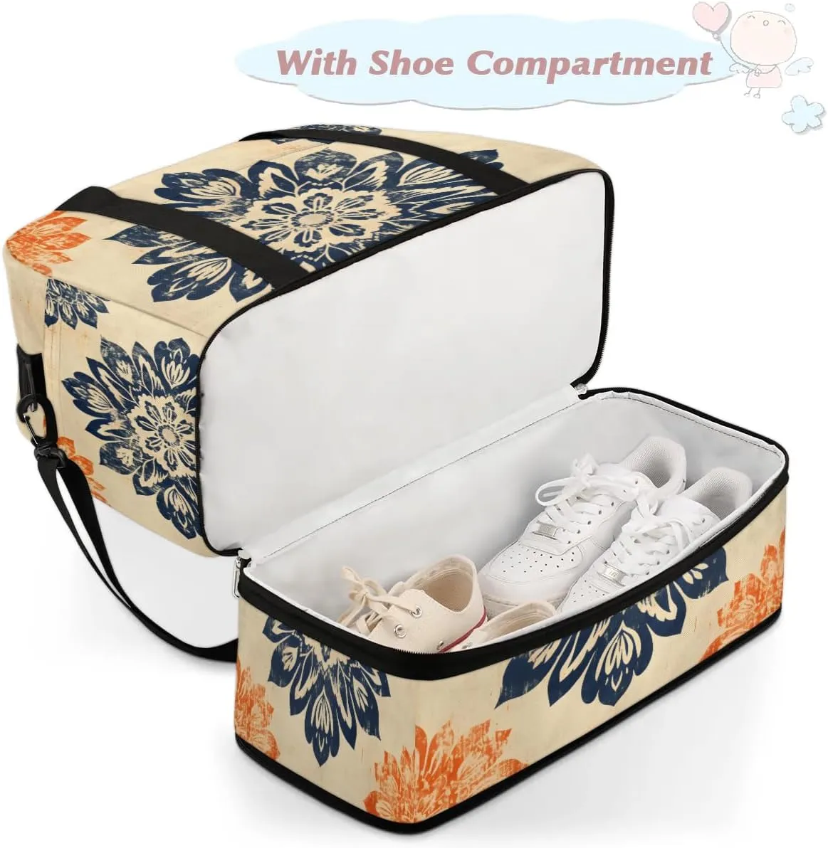 Abstract Flora Prints Boho Travel Duffle Bag, Collapsible Travel Bag Sports Gym Bag With Shoes Compartment Weekender Bag Overnight Bag For Women Men