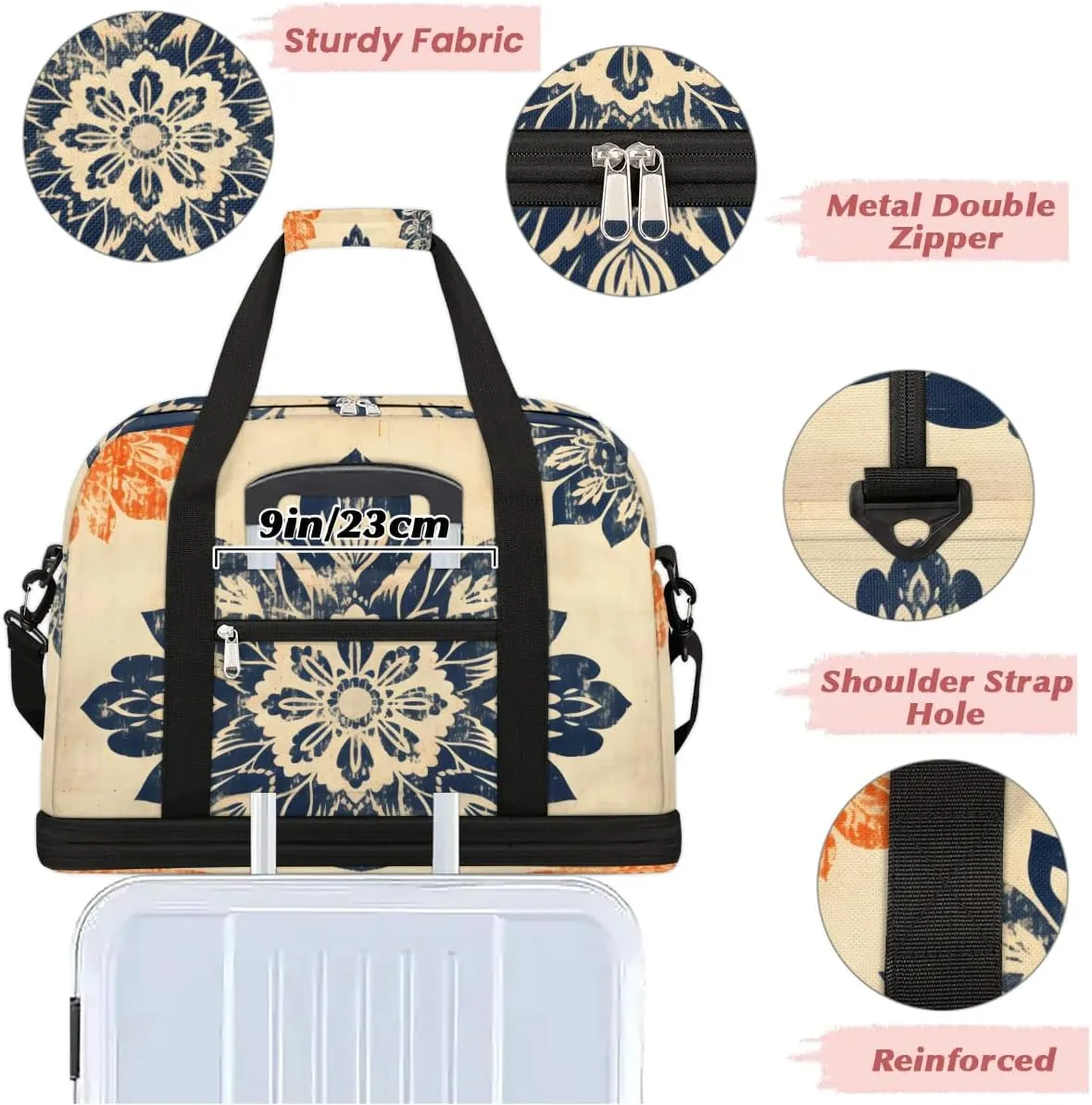 Abstract Flora Prints Boho Travel Duffle Bag, Collapsible Travel Bag Sports Gym Bag With Shoes Compartment Weekender Bag Overnight Bag For Women Men