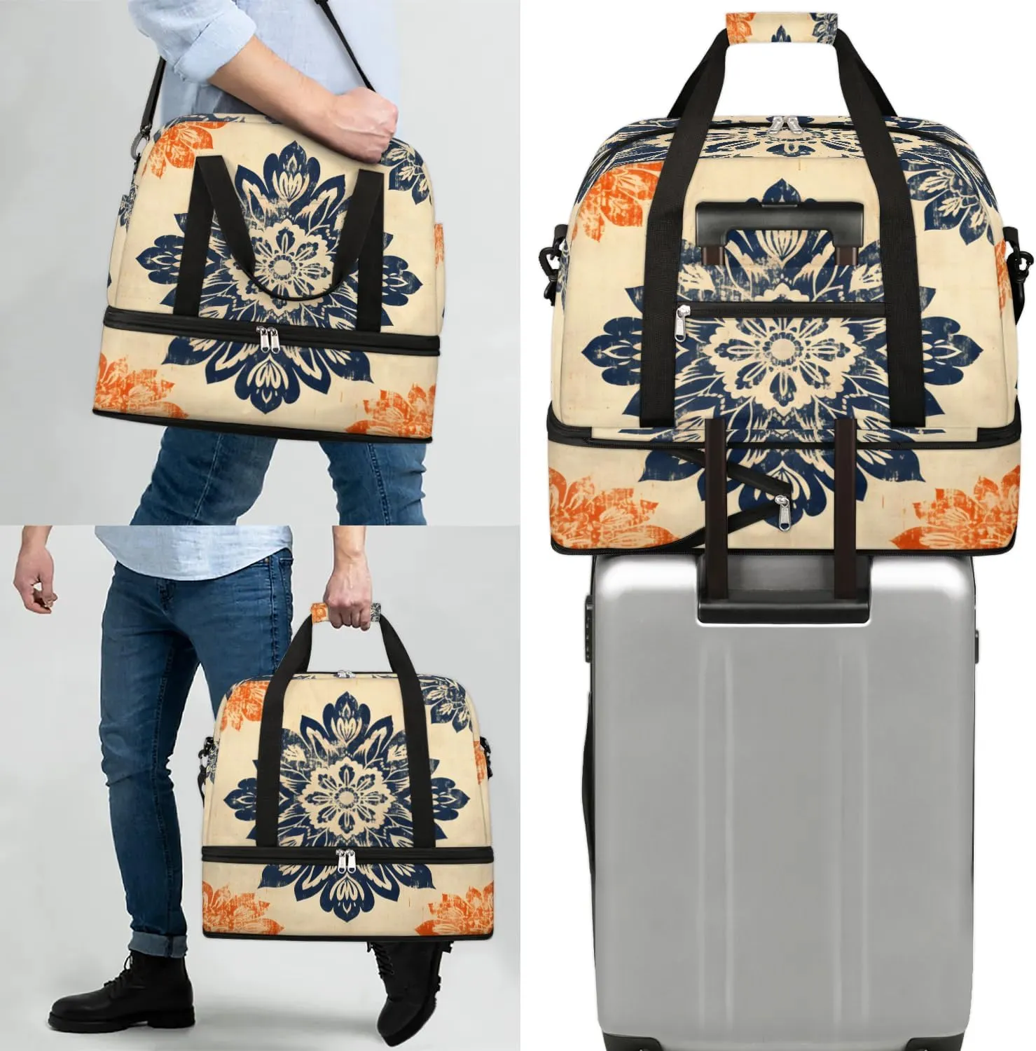 Abstract Flora Prints Boho Travel Duffle Bag, Collapsible Travel Bag Sports Gym Bag With Shoes Compartment Weekender Bag Overnight Bag For Women Men