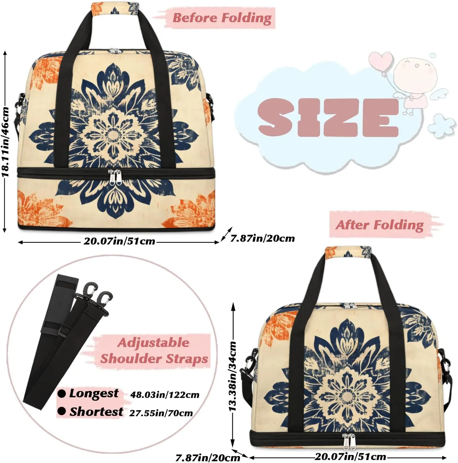 Abstract Flora Prints Boho Travel Duffle Bag, Collapsible Travel Bag Sports Gym Bag With Shoes Compartment Weekender Bag Overnight Bag For Women Men