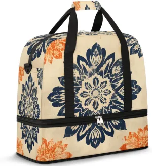 Abstract Flora Prints Boho Travel Duffle Bag, Collapsible Travel Bag Sports Gym Bag With Shoes Compartment Weekender Bag Overnight Bag For Women Men