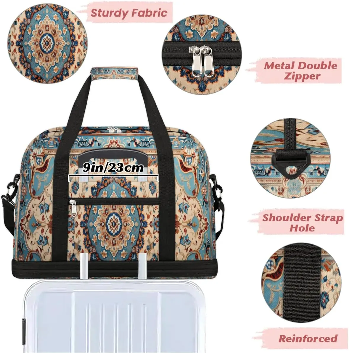Abstract Retro Flora Printing Travel Duffle Bag, Collapsible Travel Bag Sports Gym Bag With Shoes Compartment Weekender Bag Overnight Bag For Women Men