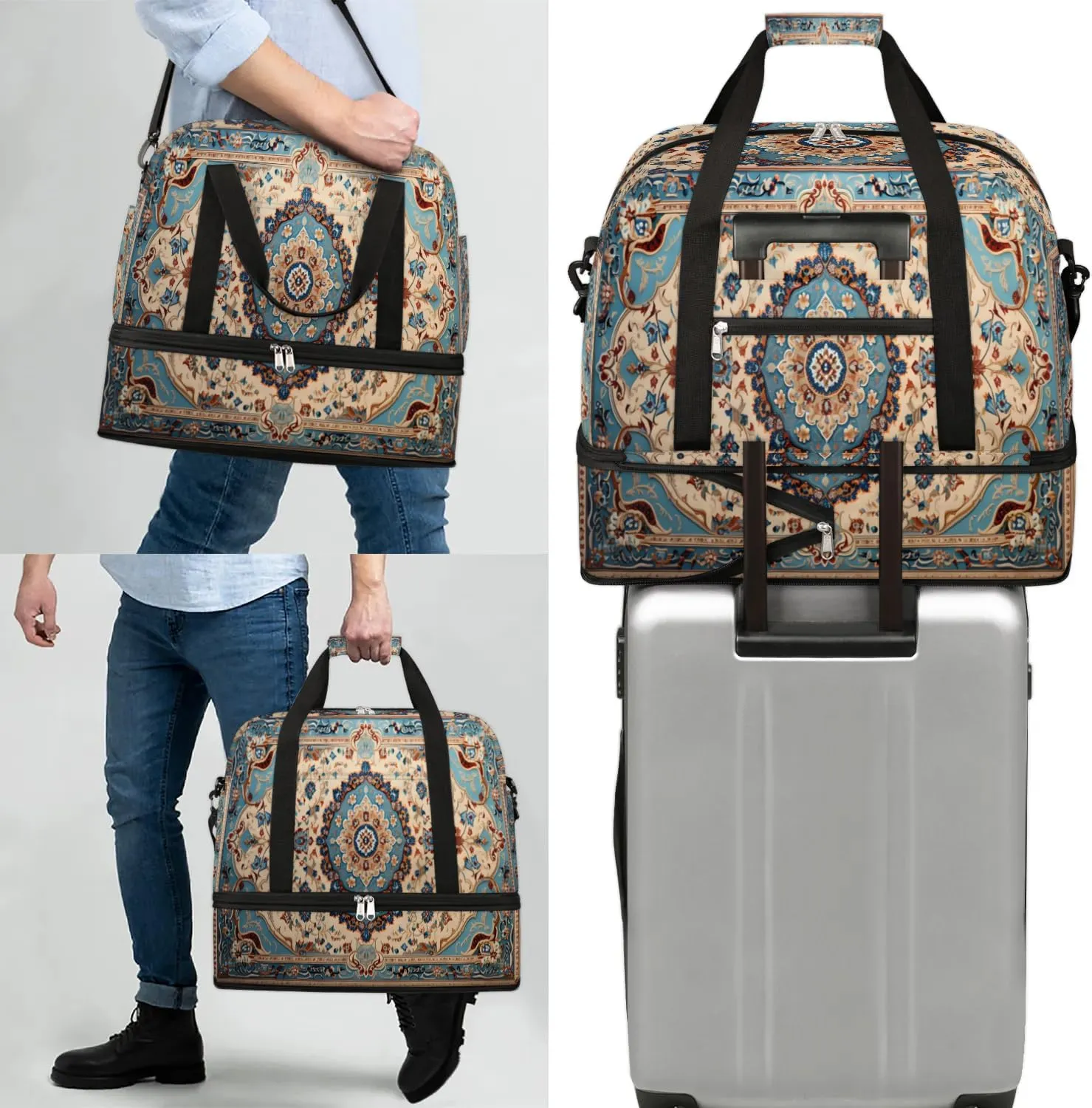 Abstract Retro Flora Printing Travel Duffle Bag, Collapsible Travel Bag Sports Gym Bag With Shoes Compartment Weekender Bag Overnight Bag For Women Men