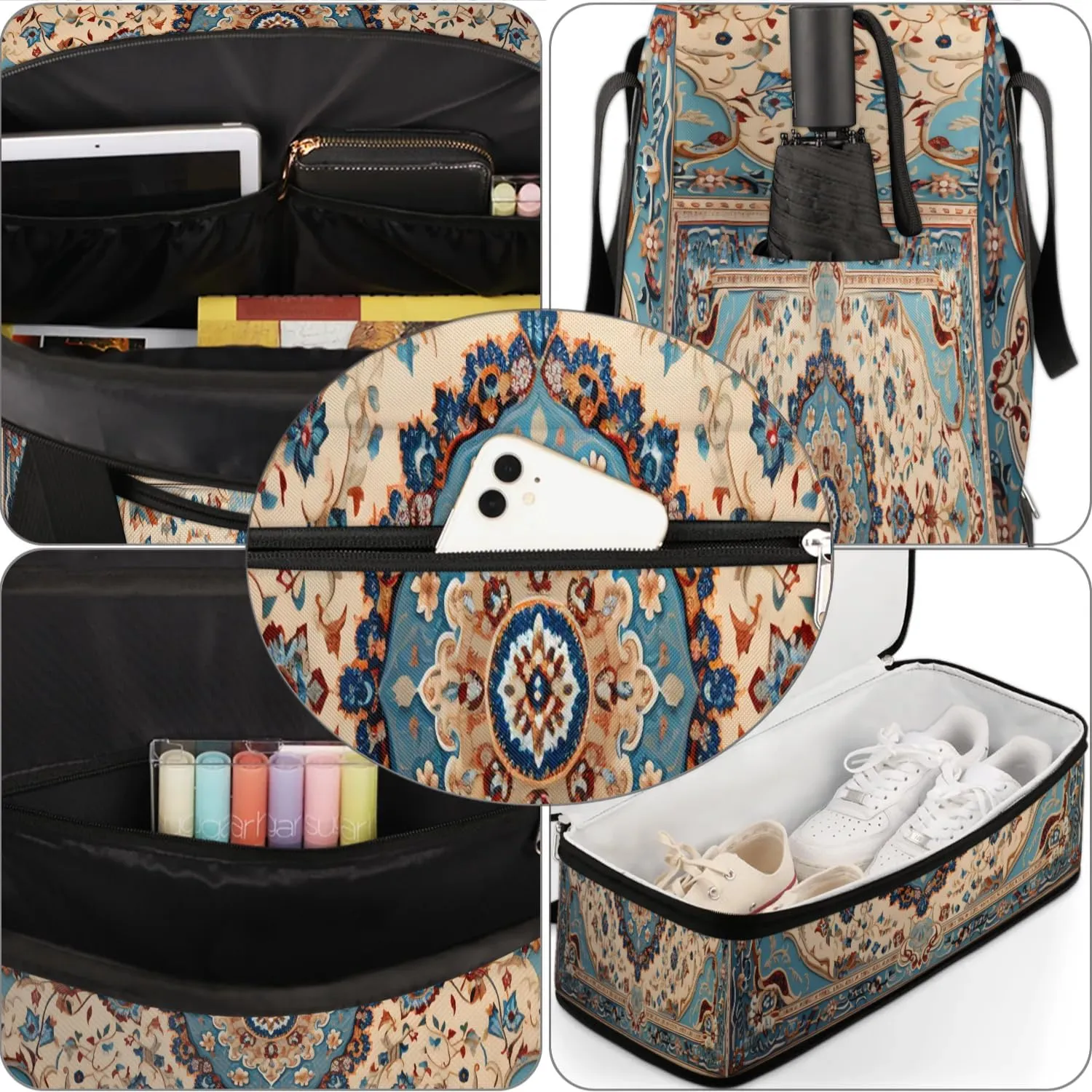 Abstract Retro Flora Printing Travel Duffle Bag, Collapsible Travel Bag Sports Gym Bag With Shoes Compartment Weekender Bag Overnight Bag For Women Men