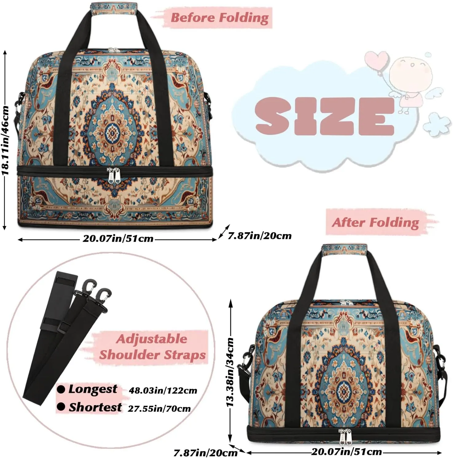Abstract Retro Flora Printing Travel Duffle Bag, Collapsible Travel Bag Sports Gym Bag With Shoes Compartment Weekender Bag Overnight Bag For Women Men