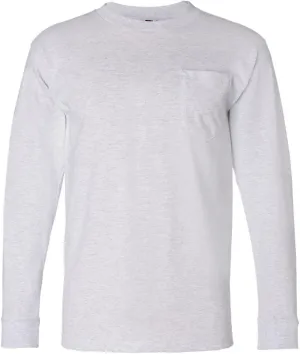 Adult Long-Sleeve Cotton Tee with Pocket (Ash) (2X-Large)