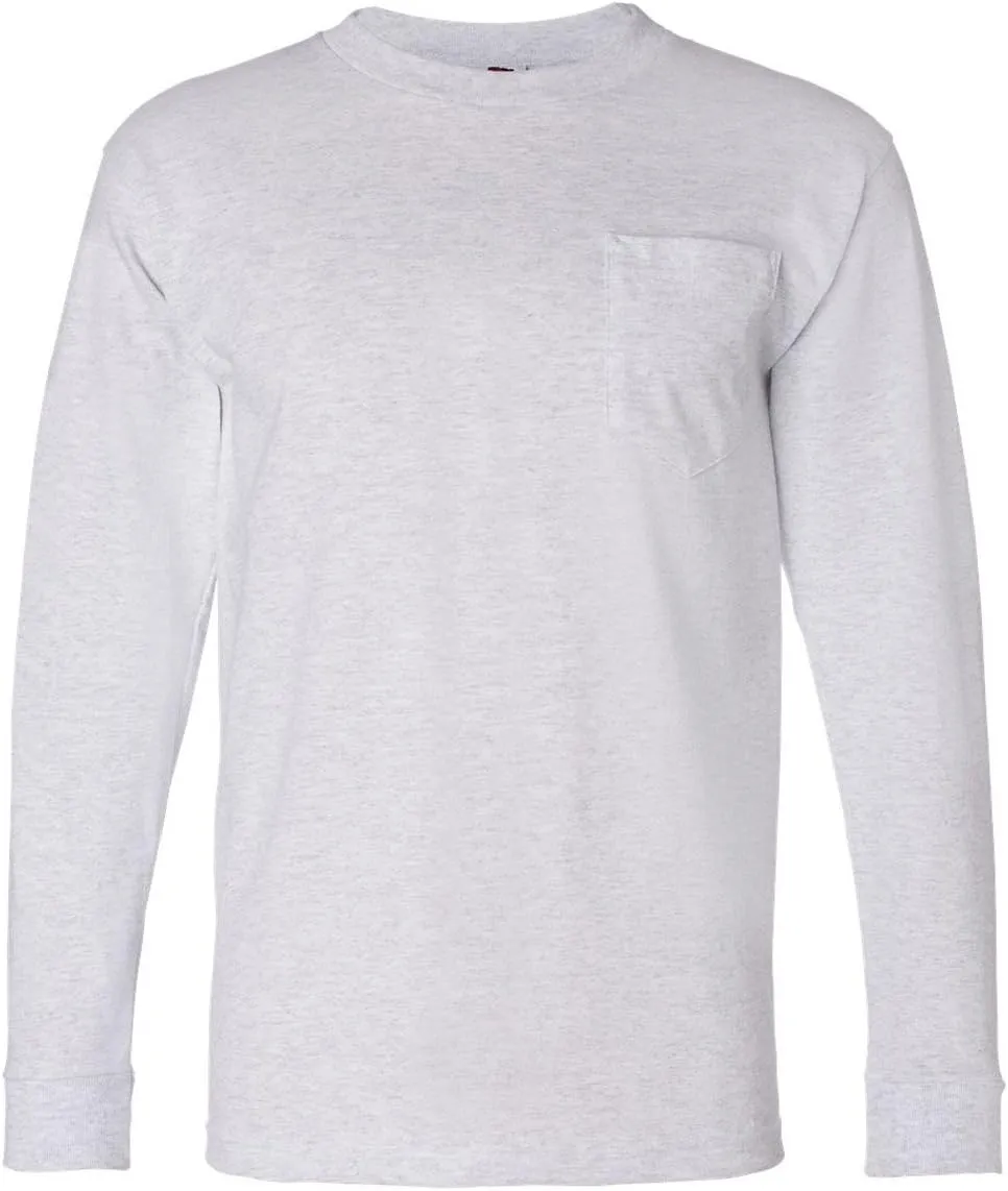Adult Long-Sleeve Cotton Tee with Pocket (Ash) (2X-Large)