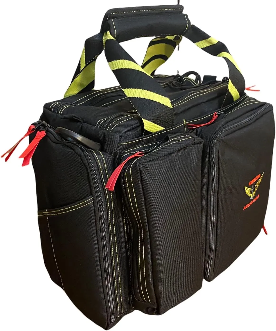 Aerovolution Pilot Flight Bag, Multiple Pouches, Waterproof Nylon, Shooting Bag, Integrated Glasses Case, Top Gun Bag Black/Yellow/Red, Black, Yellow and Red, Modern