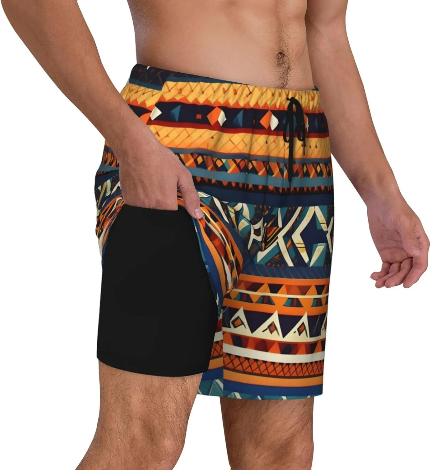 African National Patterns Print Men's Double Layer Swim Shorts, Gym Workout Shorts with Pocket