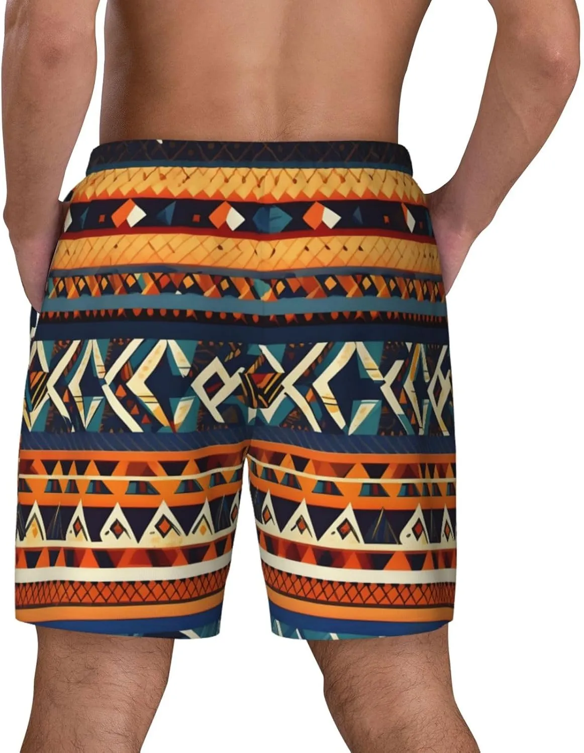 African National Patterns Print Men's Double Layer Swim Shorts, Gym Workout Shorts with Pocket