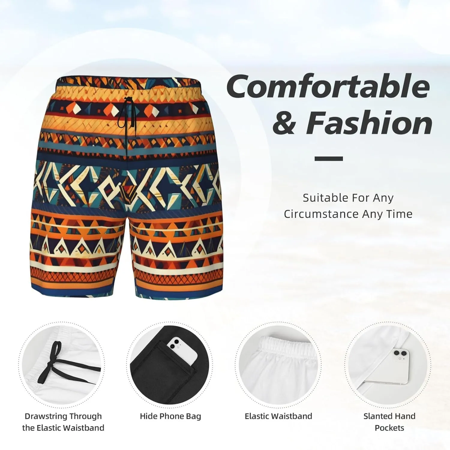 African National Patterns Print Men's Double Layer Swim Shorts, Gym Workout Shorts with Pocket
