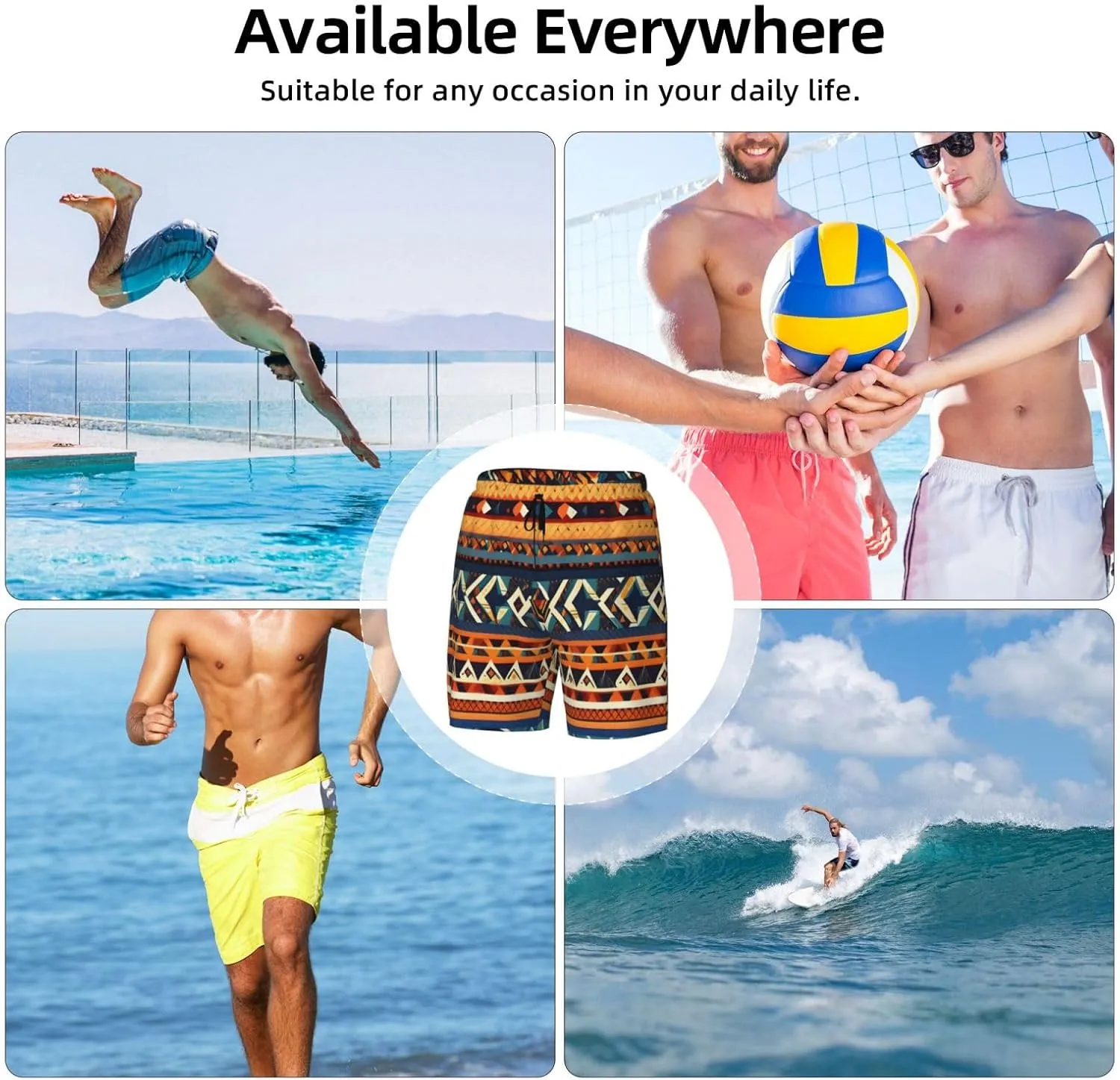 African National Patterns Print Men's Double Layer Swim Shorts, Gym Workout Shorts with Pocket