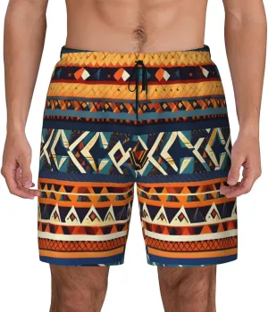 African National Patterns Print Men's Double Layer Swim Shorts, Gym Workout Shorts with Pocket