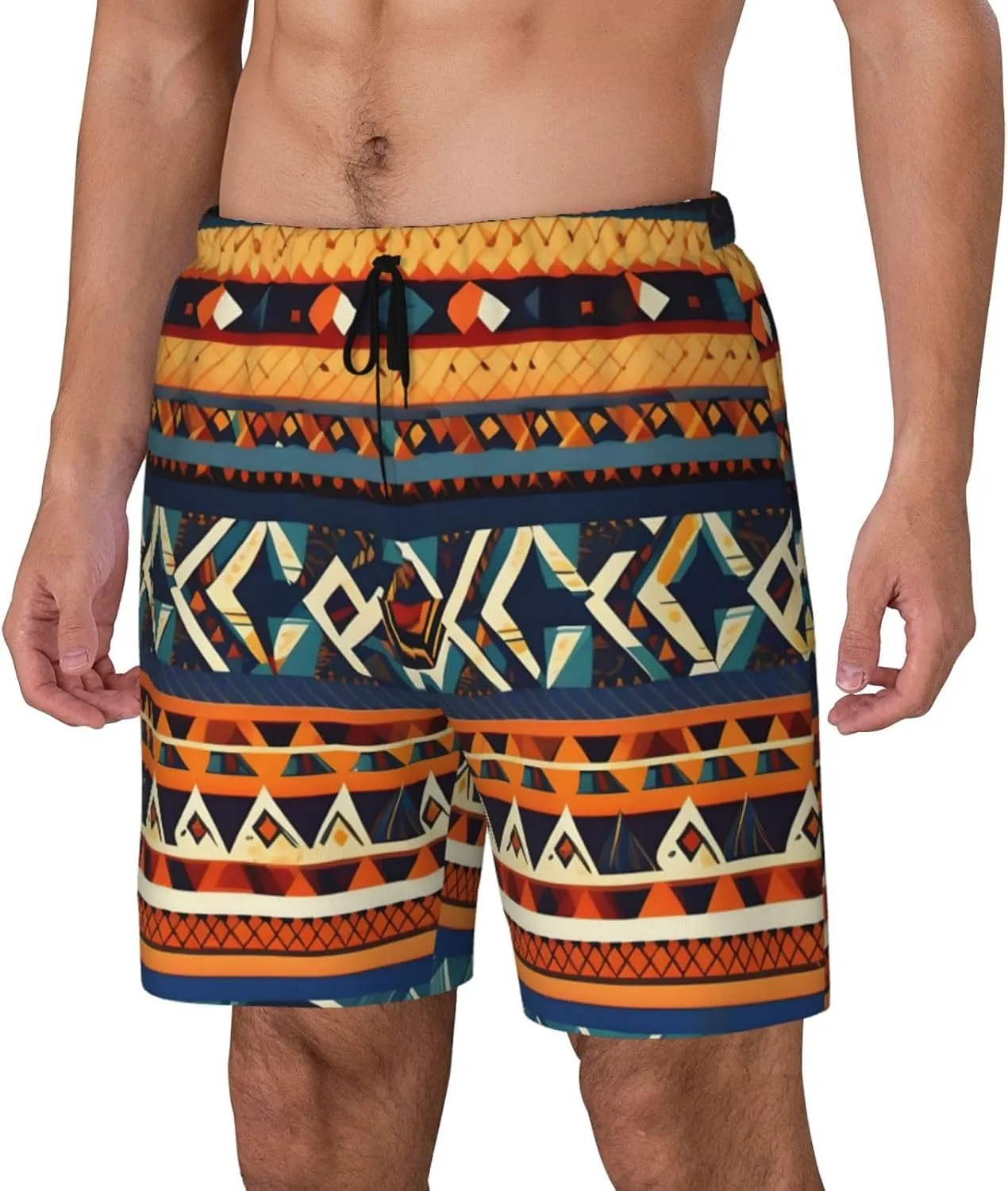 African National Patterns Print Men's Double Layer Swim Shorts, Gym Workout Shorts with Pocket