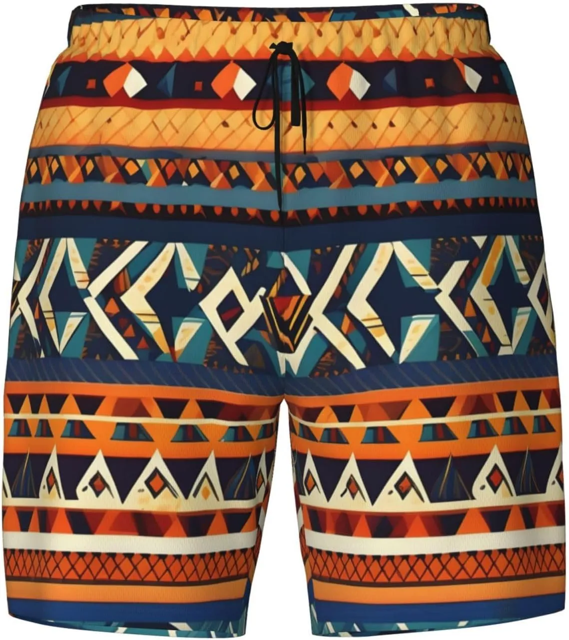 African National Patterns Print Men's Double Layer Swim Shorts, Gym Workout Shorts with Pocket