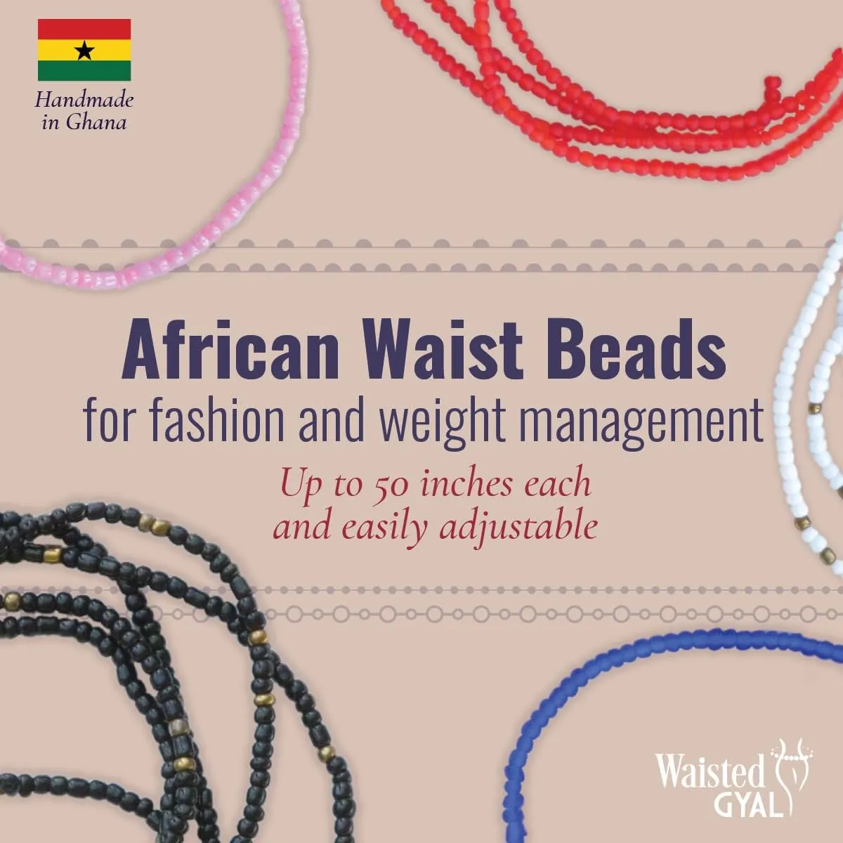 African Waist Beads - Adjustable, Plus Size up to 50' - Tie on Waist Beads for Women - Belly Body Chain