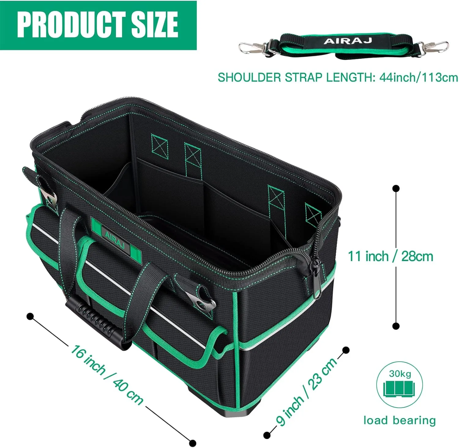 AIRAJ High-end Tool Bag,16 Inch Wide Mouth Tool Bag with Molded Hard bottom Base with 16 Pockets,Soft Rubber Handle, Adjustable Shoulder Strap,Waterproof Oxford Cloth...