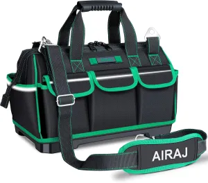 AIRAJ High-end Tool Bag,16 Inch Wide Mouth Tool Bag with Molded Hard bottom Base with 16 Pockets,Soft Rubber Handle, Adjustable Shoulder Strap,Waterproof Oxford Cloth...