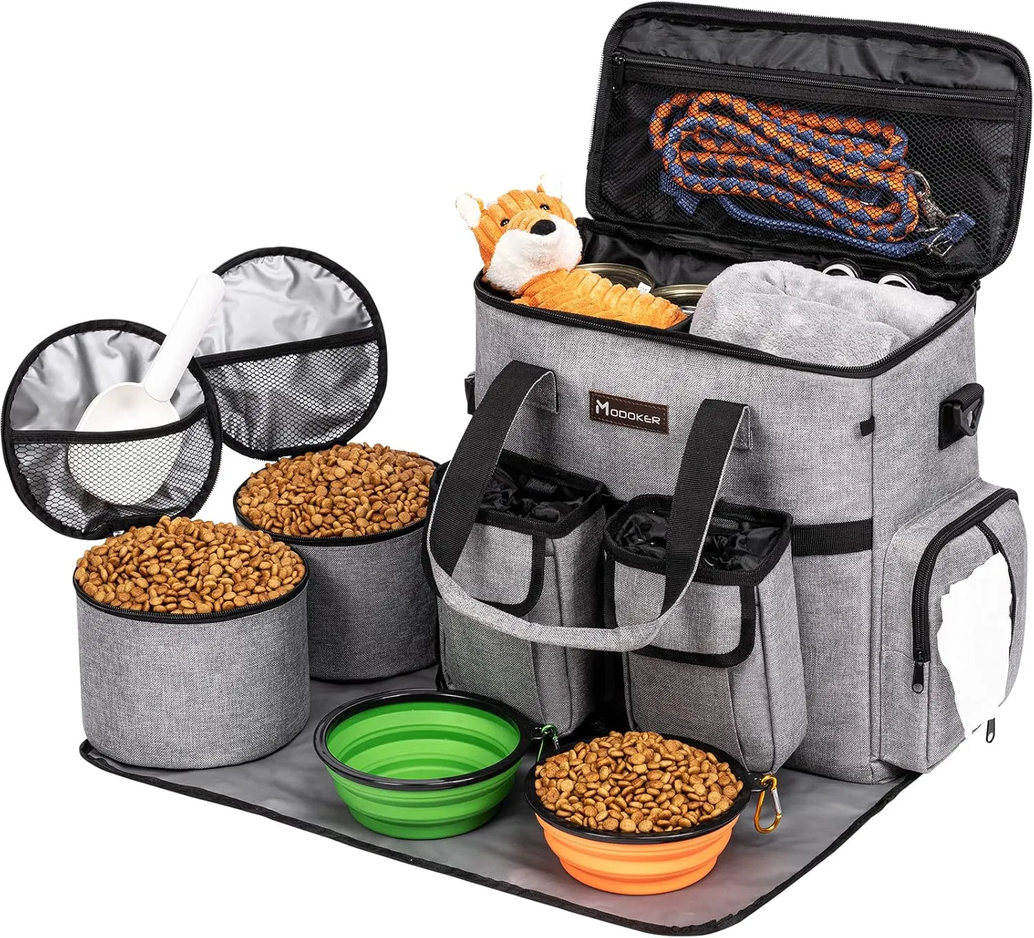 Airline Approved Dog Travel Bag with 2 Dog Treat Training Pouches, Dog Tote Organizer for Weekend Pet Travel Supplies & Accessories, 2 Collapsible Dog Bowls, 2 Travel Dog Food Container (Grey)