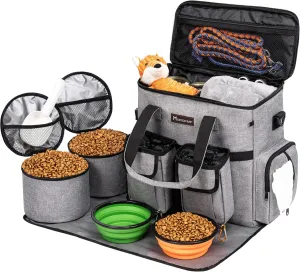 Airline Approved Dog Travel Bag with 2 Dog Treat Training Pouches, Dog Tote Organizer for Weekend Pet Travel Supplies & Accessories, 2 Collapsible Dog Bowls, 2 Travel Dog Food Container (Grey)