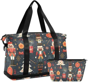 ALAZA Christmas Nutcracker Star Pine Tree Duffel Bag with Shoe Compartment Tote Bag Weekender Overnight Bag with Wet Pocket for Travel,Gym,Yoga,Swimming