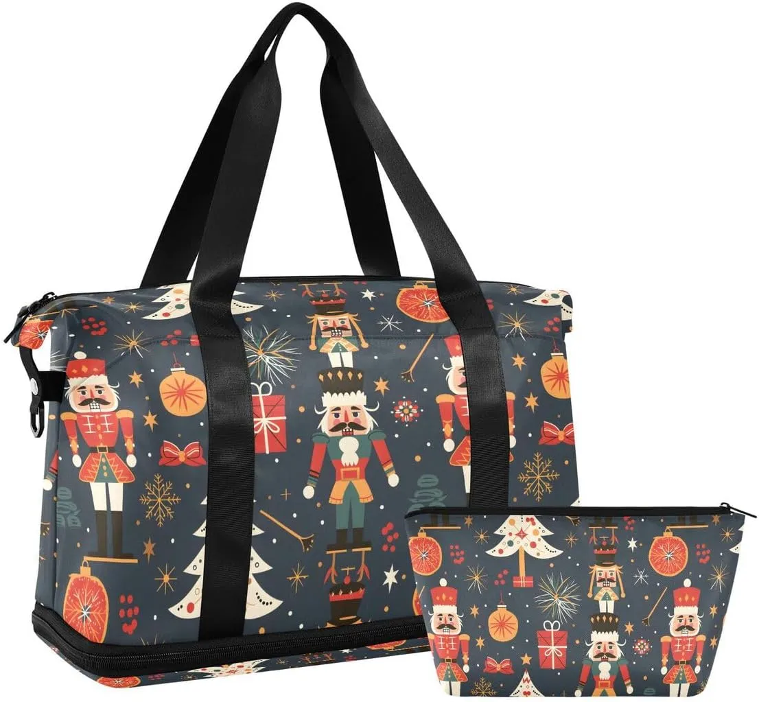 ALAZA Christmas Nutcracker Star Pine Tree Duffel Bag with Shoe Compartment Tote Bag Weekender Overnight Bag with Wet Pocket for Travel,Gym,Yoga,Swimming