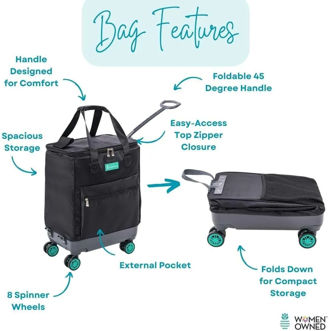 All-Purpose Roller Bag – Foldable Top-Opening Tote on Wheels with Zipper Closure, 8 Spinner Wheels, Lightweight – Travel, Groceries, Laundry, Work, Everyday Hauling - Patent-Green