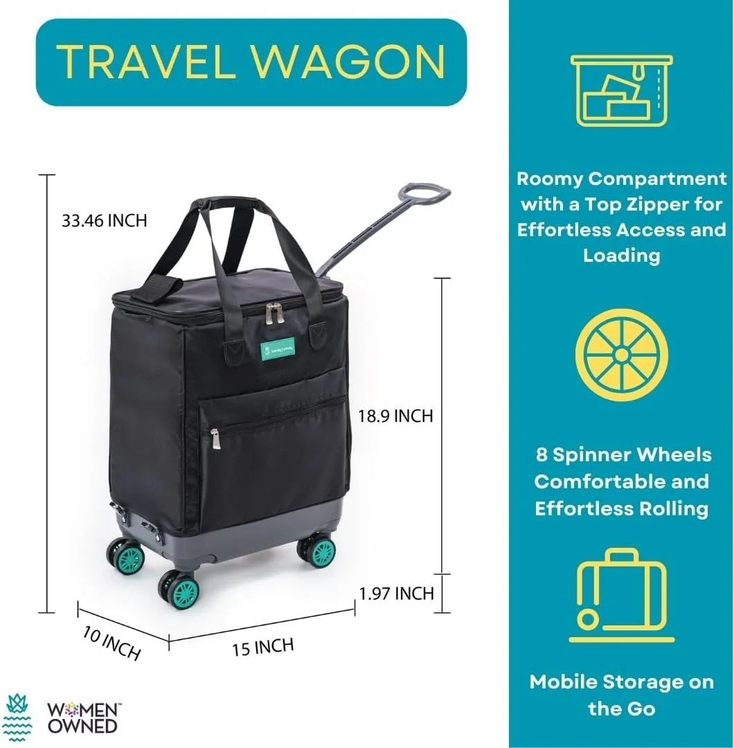 All-Purpose Roller Bag – Foldable Top-Opening Tote on Wheels with Zipper Closure, 8 Spinner Wheels, Lightweight – Travel, Groceries, Laundry, Work, Everyday Hauling - Patent-Green
