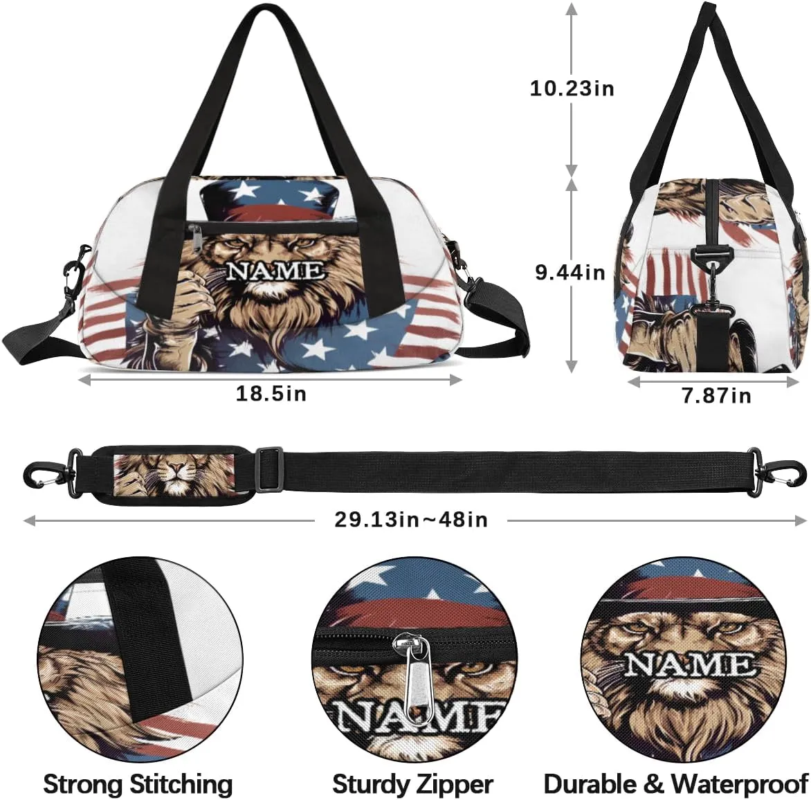 American Fist Lion Patriot Personalized Kids Duffel Bag Custom Gym Sports Duffle Bag Teen Travel Gymnastic Weekender Overnighter Bag Carry on Toe Bag for Boys & Girls