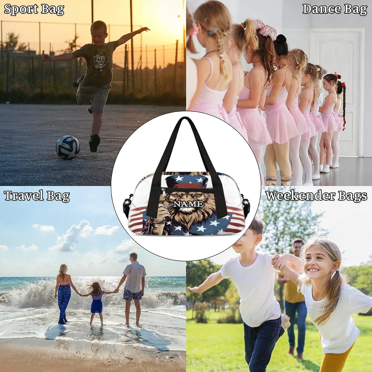 American Fist Lion Patriot Personalized Kids Duffel Bag Custom Gym Sports Duffle Bag Teen Travel Gymnastic Weekender Overnighter Bag Carry on Toe Bag for Boys & Girls