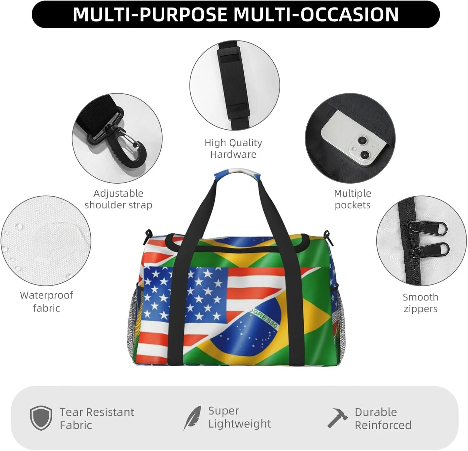 American Flag Brazil Flag Travel Duffel Bag Large Foldable Waterproof Overnight Bag For Beach Swim Bags Pool Sports Gym