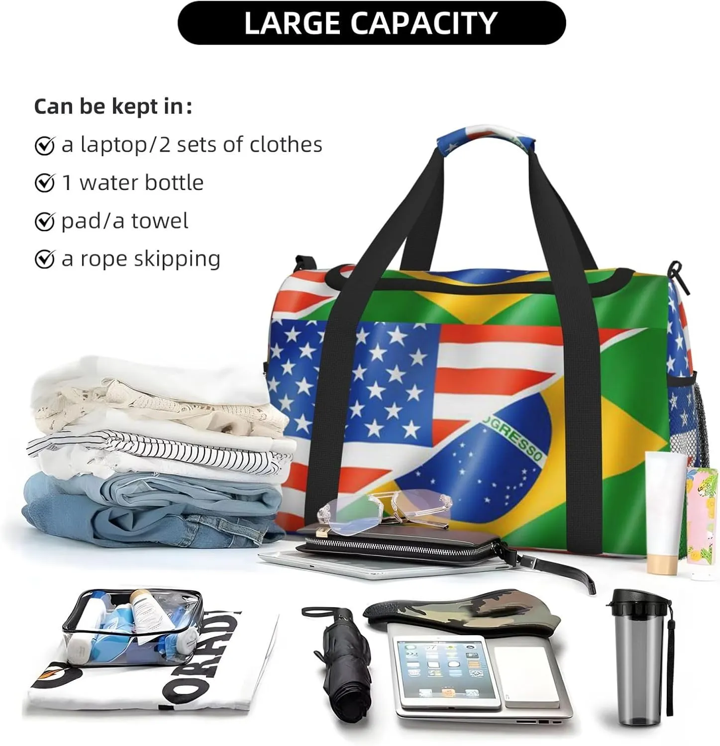 American Flag Brazil Flag Travel Duffel Bag Large Foldable Waterproof Overnight Bag For Beach Swim Bags Pool Sports Gym