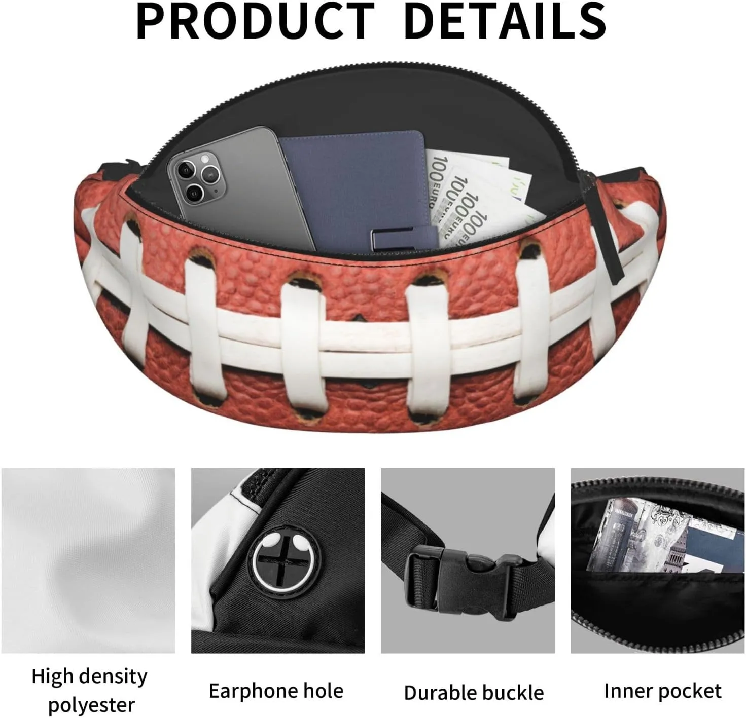 American Football Fanny Pack Waist Bag Adjustable Belt Bag For Men Women Fashion Sling Crossbody Hip Bum Bag Traveling Hiking Cycling Running
