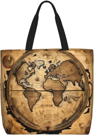 Ancient Map World Globe Print Tote Bag For Women Shoulde Bag Handbag Reusable Grocery Bags For Office,Shopping,Travel