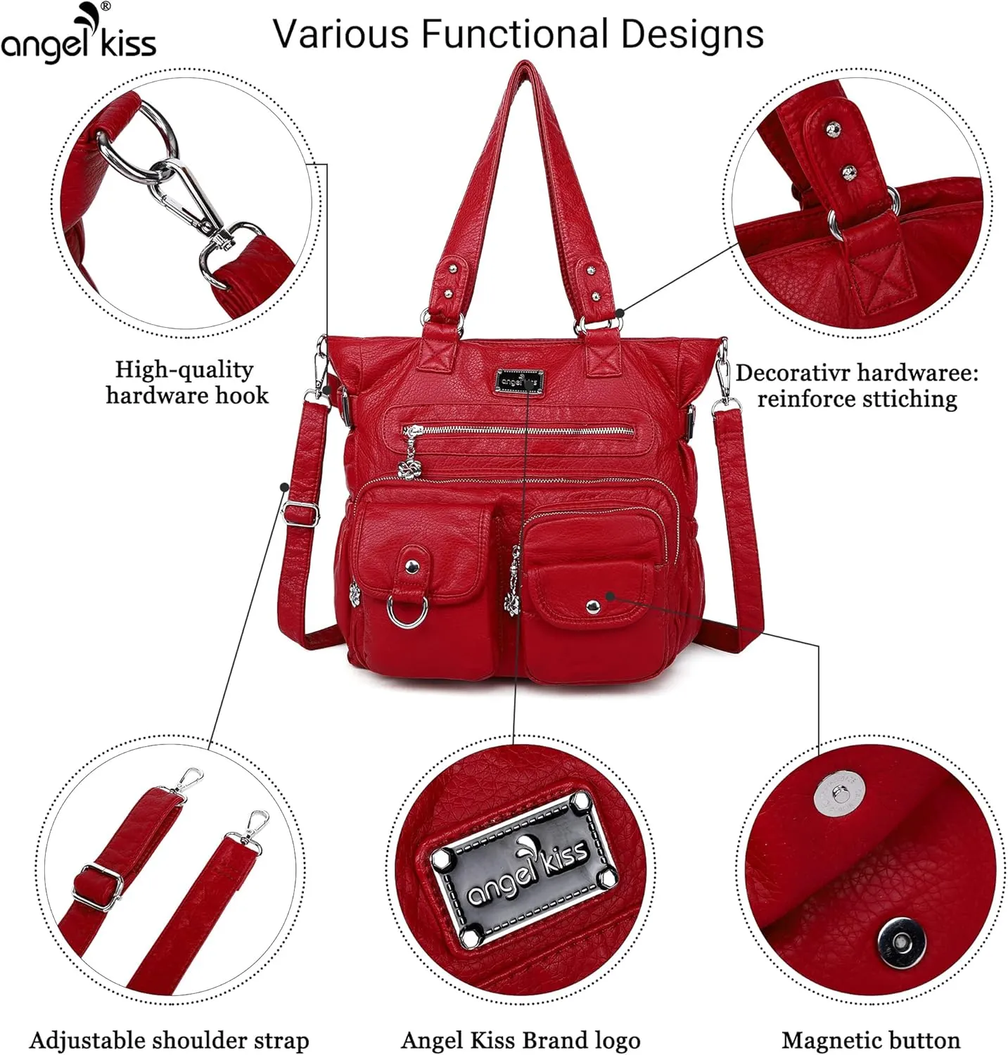 Angelkiss Purses Handbags for Women PU Tote Satchel Bags for Women Pockets Shoulder Bags…