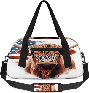 Animal Cattle Usa American Flag Personalized Kids Duffel Bag Custom Gym Sports Duffle Bag Teen Travel Gymnastic Weekender Overnighter Bag Carry on Toe Bag for Boys & Girls