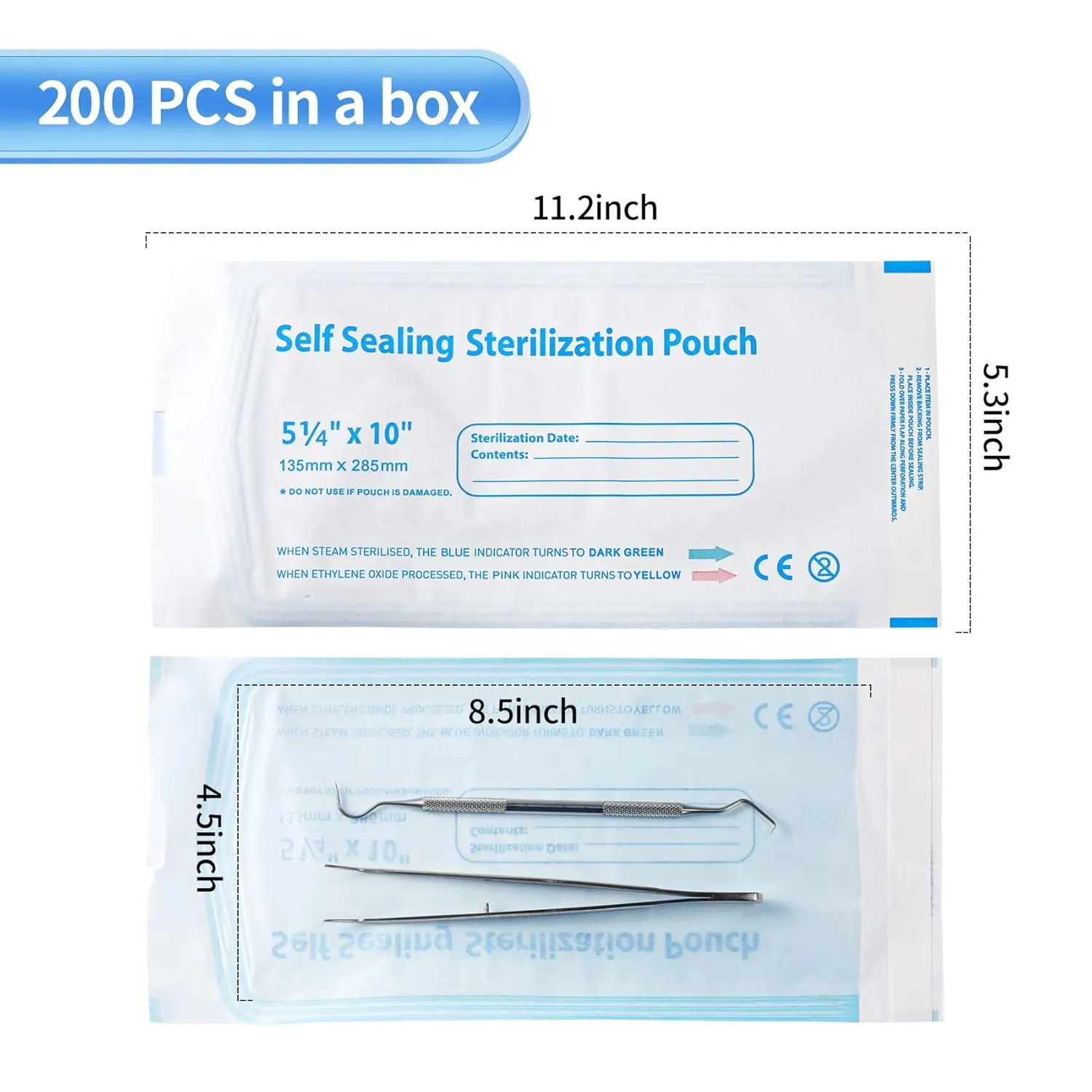 Annhua 200 PCS Sterilization Pouches Sterilization Bags 5.3 x 11 inch, Self-Sterilization Pouches Sterilizer Bags for Dentist Tools, Beauty Toolkits