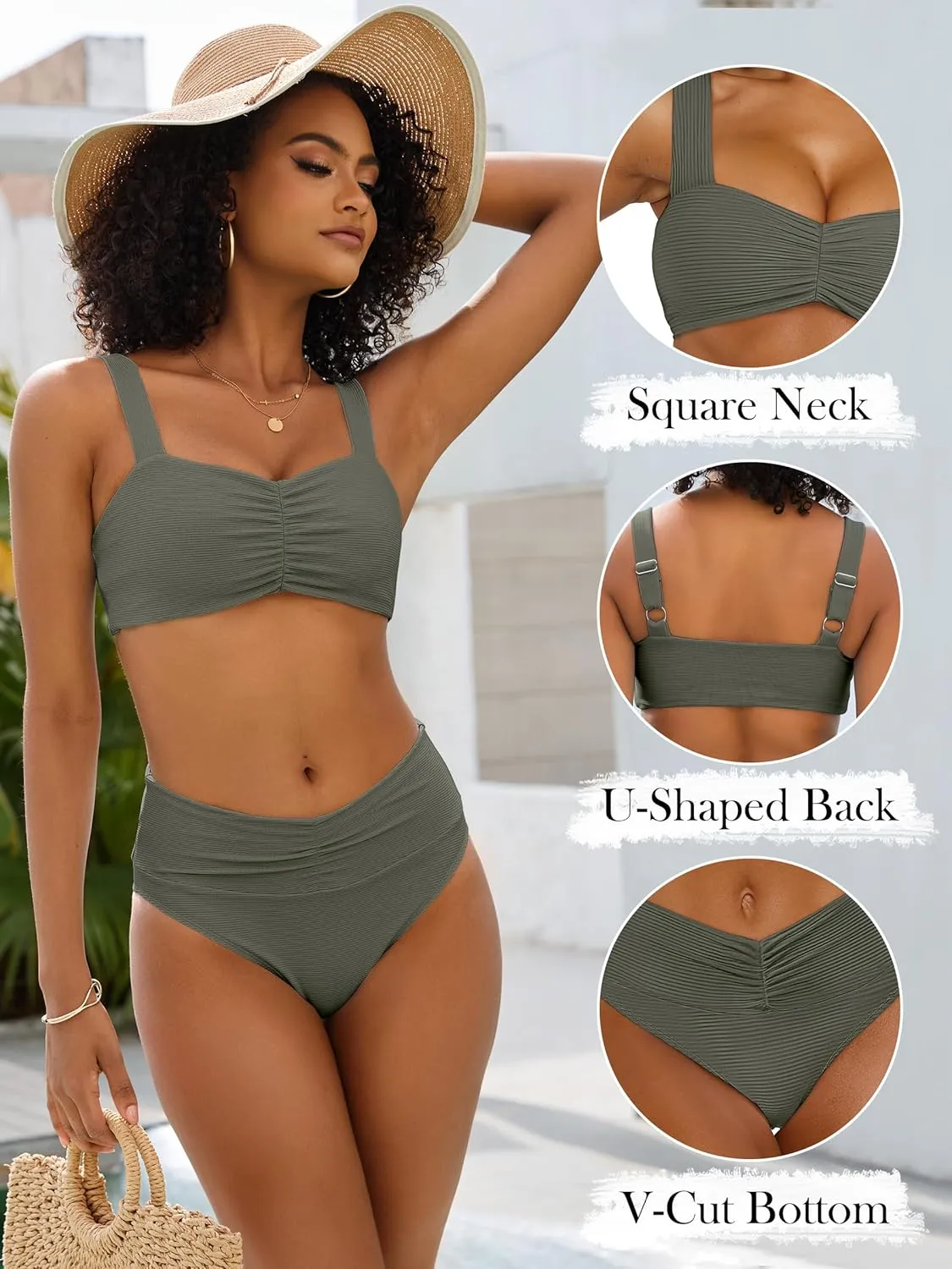 ANRABESS Bathing Suit for Women Tummy Control Bikini Set 2025 Beach Front Ruched Mid Waist Swimsuit with Adjustable Straps
