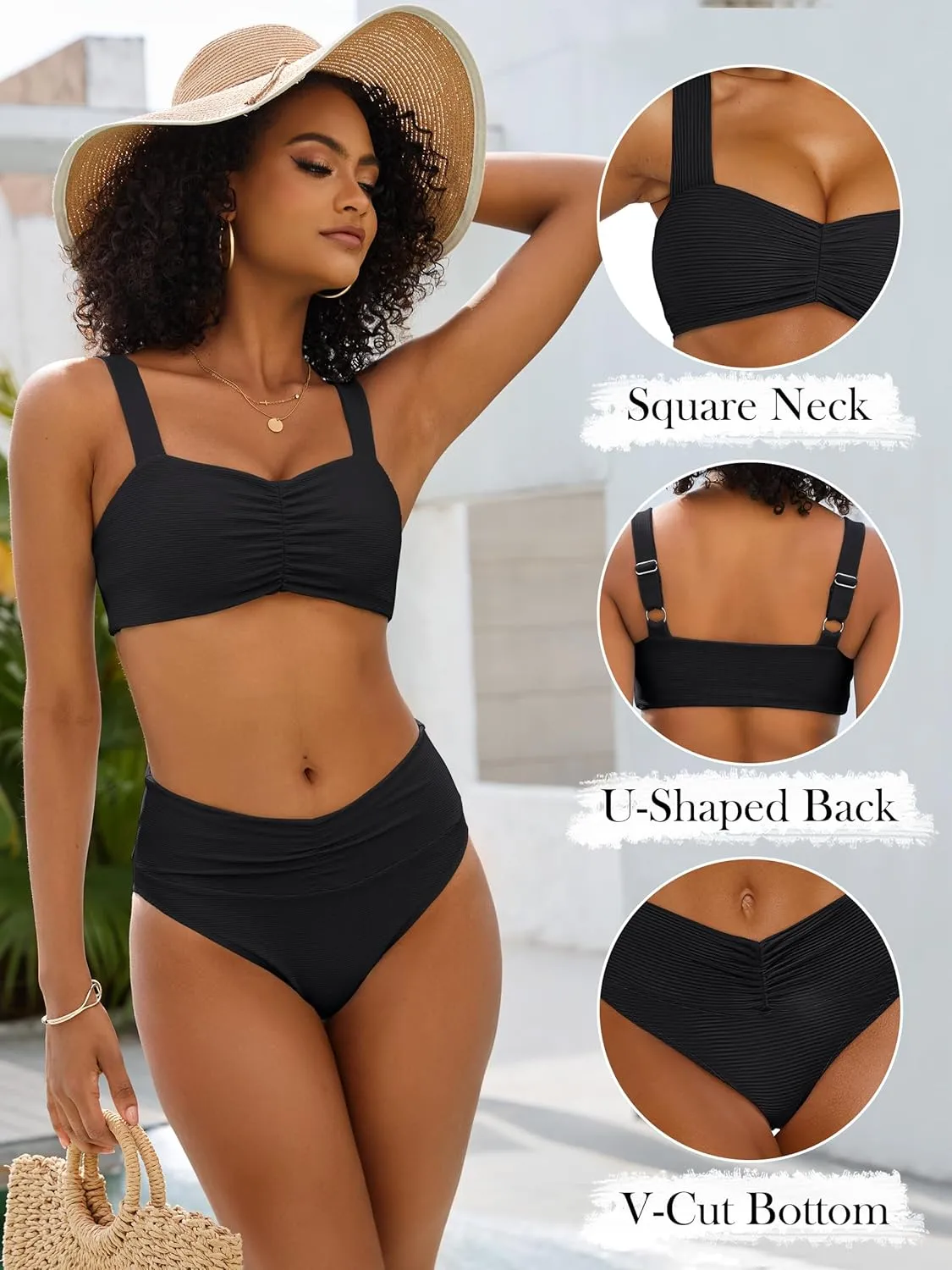 ANRABESS Bathing Suit for Women Tummy Control Bikini Set 2025 Beach Front Ruched Mid Waist Swimsuit with Adjustable Straps