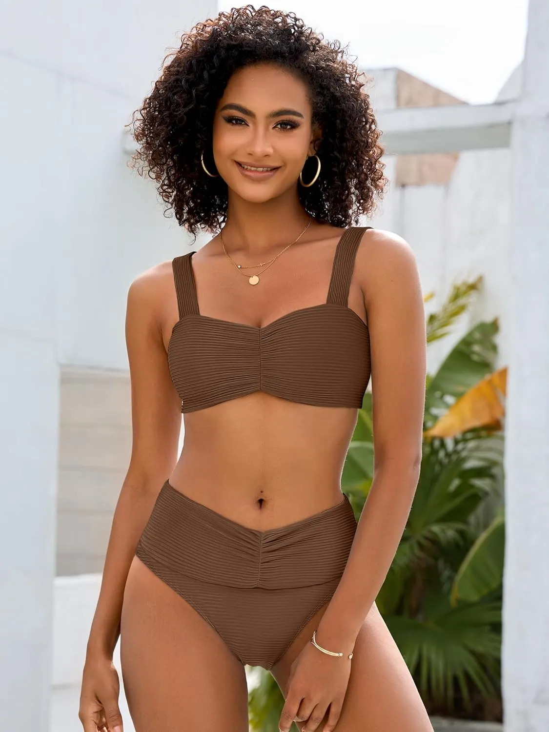 ANRABESS Bathing Suit for Women Tummy Control Bikini Set 2025 Beach Front Ruched Mid Waist Swimsuit with Adjustable Straps