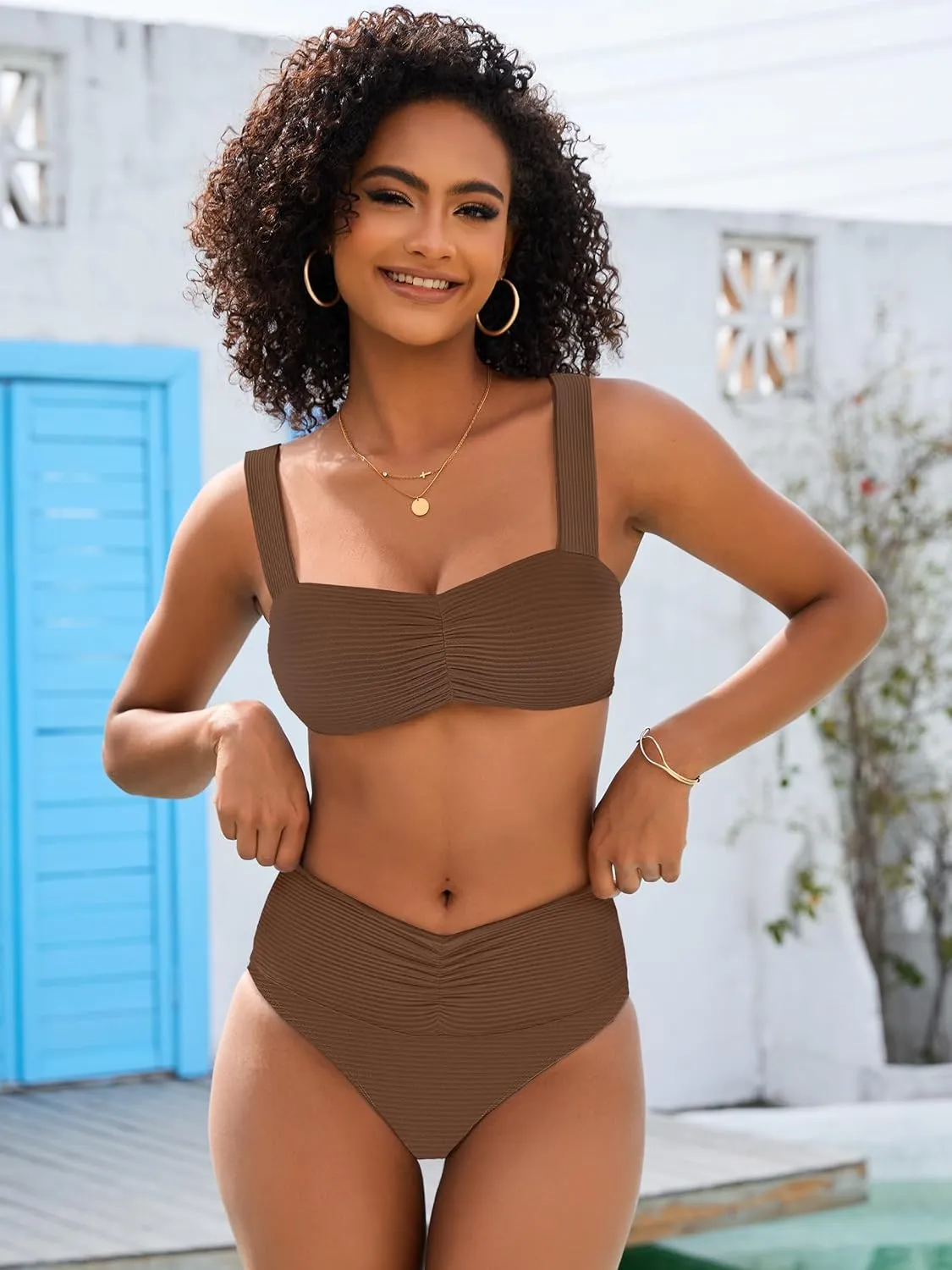 ANRABESS Bathing Suit for Women Tummy Control Bikini Set 2025 Beach Front Ruched Mid Waist Swimsuit with Adjustable Straps