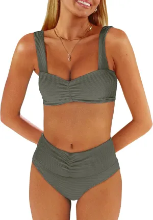ANRABESS Bathing Suit for Women Tummy Control Bikini Set 2025 Beach Front Ruched Mid Waist Swimsuit with Adjustable Straps